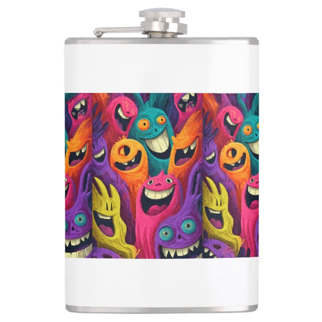 Psychedelic Cartoon Creature Vinyl Wrapped Flask Flachmann (Vorderseite)
