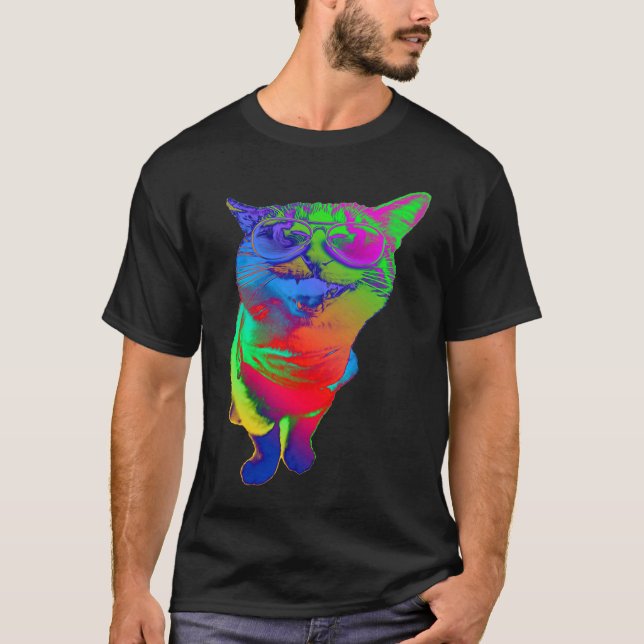 Psychedelic Cat Sunglasses Trippy Psytrance Cat Co T-Shirt (Vorderseite)