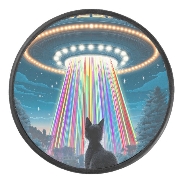 Psychedelic Cat & UFO | Funny Alien Abduction Art Eishockey Puck (Vorderseite)