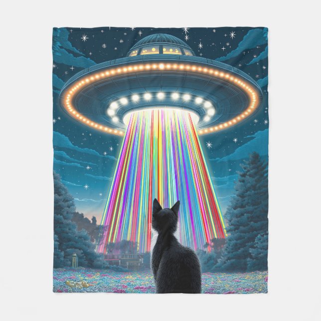 Psychedelic Cat & UFO | Funny Alien Abduction Art Fleecedecke (Vorderseite)
