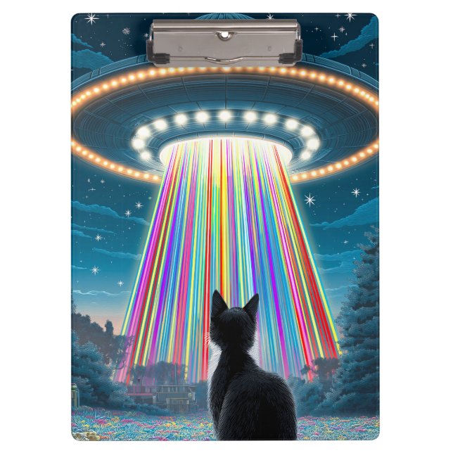 Psychedelic Cat & UFO | Funny Alien Abduction Art Klemmbrett (Vorderseite)