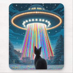 Psychedelic Cat & UFO Funny Alien Abduction Art Mousepad