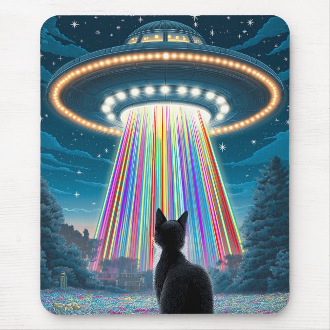 Psychedelic Cat & UFO | Funny Alien Abduction Art Mousepad (Vorne)
