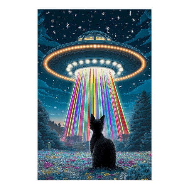 Psychedelic Cat & UFO | Funny Alien Abduction Art Poster (Vorderseite)