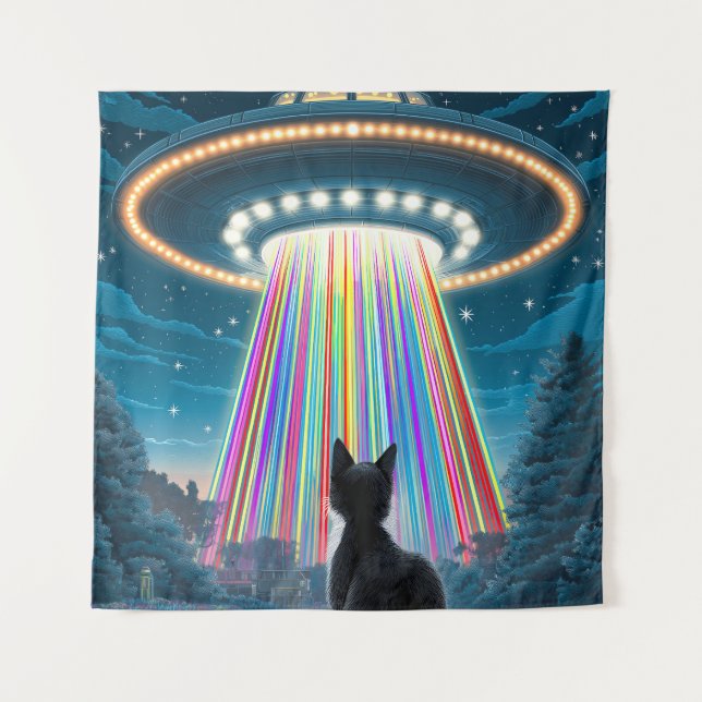 Psychedelic Cat & UFO | Funny Alien Abduction Art Wandteppich (Vorderseite)
