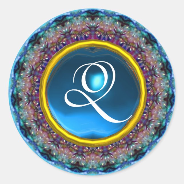 PSYCHEDELIC CIRCLES MONOGRAMM-blaue Turquase rosa Runder Aufkleber (Vorderseite)