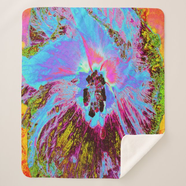 Psychedelic Cornflower Blue und Magenta Hibiskus Sherpadecke (Vorderseite)