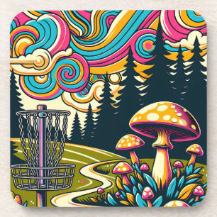 Psychedelic Disk Golf Basket und Retro Mushrooms Getränkeuntersetzer