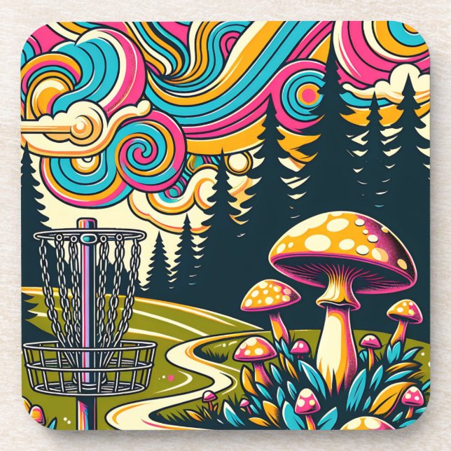 Psychedelic Disk Golf Basket und Retro Mushrooms Getränkeuntersetzer (Vorderseite)