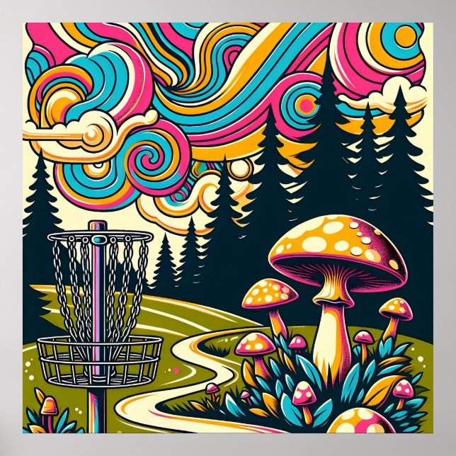 Psychedelic Disk Golf Basket und Retro Mushrooms Poster (Vorne)