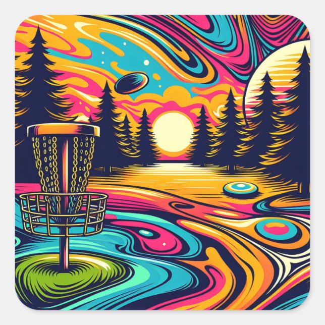 Psychedelic Disk Golf Course bei Sunset Quadratischer Aufkleber (Vorderseite)