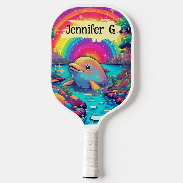 Psychedelic Dolphin Joy – Rainbow Water Scene Pickleball Schläger (Rückseite)