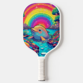 Psychedelic Dolphin Joy – Rainbow Water Scene Pickleball Schläger