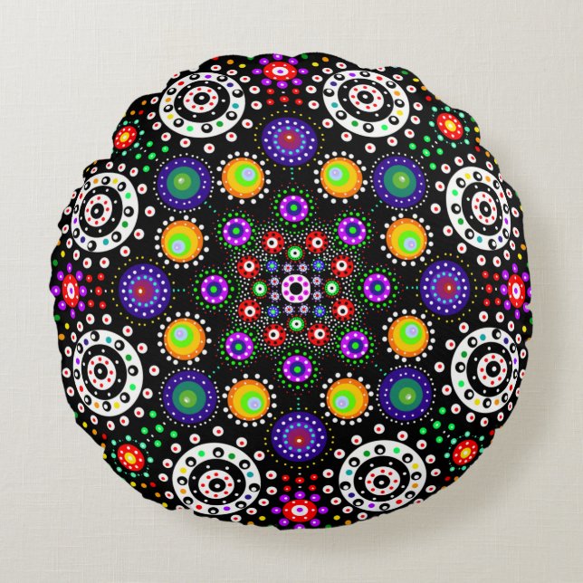 Psychedelic Dot Mandala Rundes Kissen (Vorderseite)