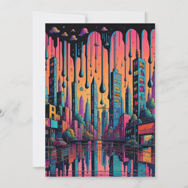 Psychedelic Drippy City Art Einladung (Vorderseite)