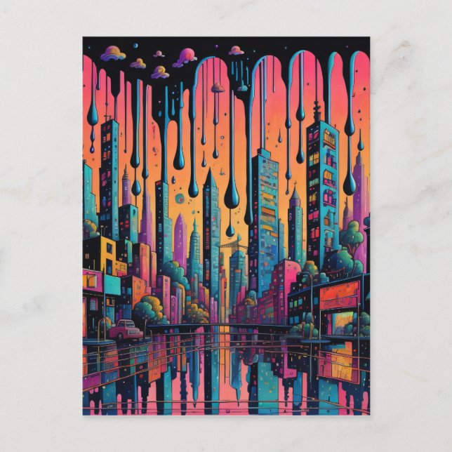 Psychedelic Drippy City Art Postkarte (Vorderseite)