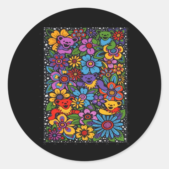 Psychedelic Flowers Dancing Bears Coloured Gratefu Runder Aufkleber (Vorderseite)