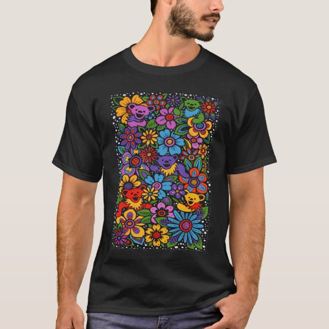 Psychedelic Flowers Dancing Bears Coloured Gratefu T-Shirt (Vorderseite)