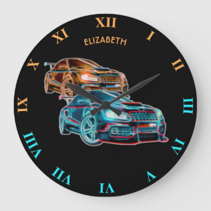 Psychedelic Futuristic Sport Cars Glowing Neon Große Wanduhr