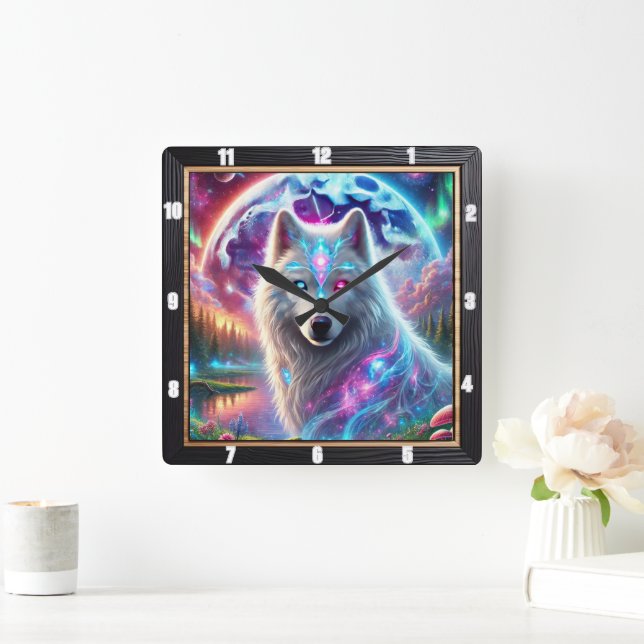 Psychedelic Galaxy Wolf Quadratische Wanduhr (Zuhause)