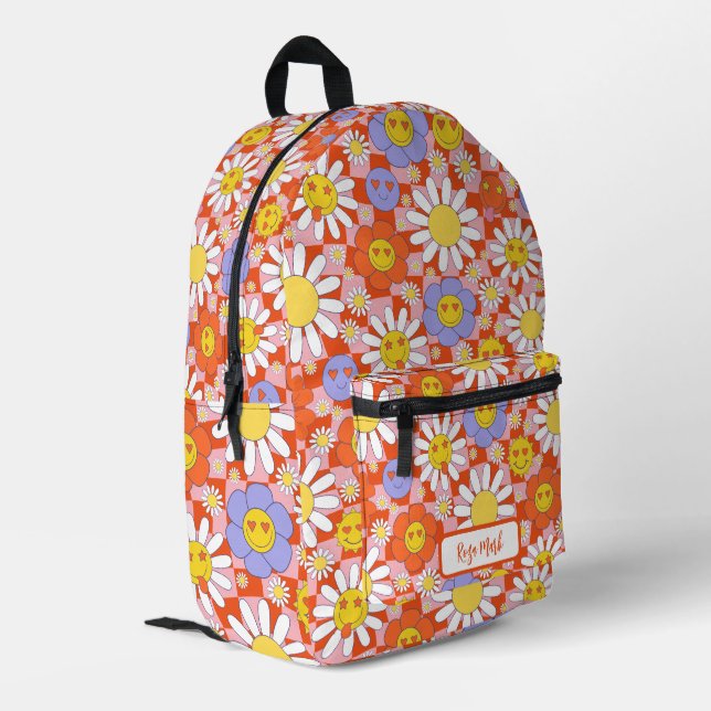 Psychedelic Groovy Daisy Checkerboard, Y2K 90s Bedruckter Rucksack (Rückseitige Ecke links)