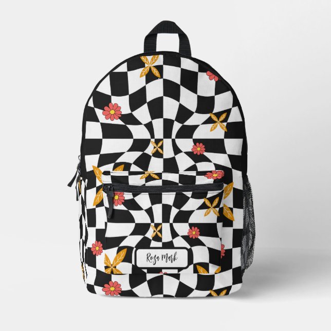 Psychedelic Groovy Daisy Checkerboard, Y2K 90s Bedruckter Rucksack (Vorderseite)