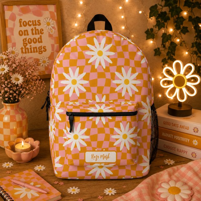 Psychedelic Groovy Daisy Checkerboard, Y2K 90s Bedruckter Rucksack (Von Creator hochgeladen)