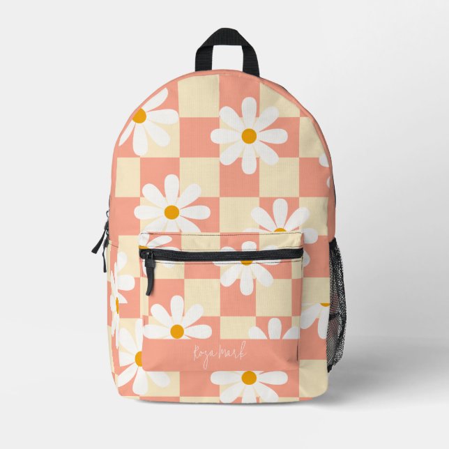 Psychedelic Groovy Daisy Floral Checkerboard Bedruckter Rucksack (Vorderseite)