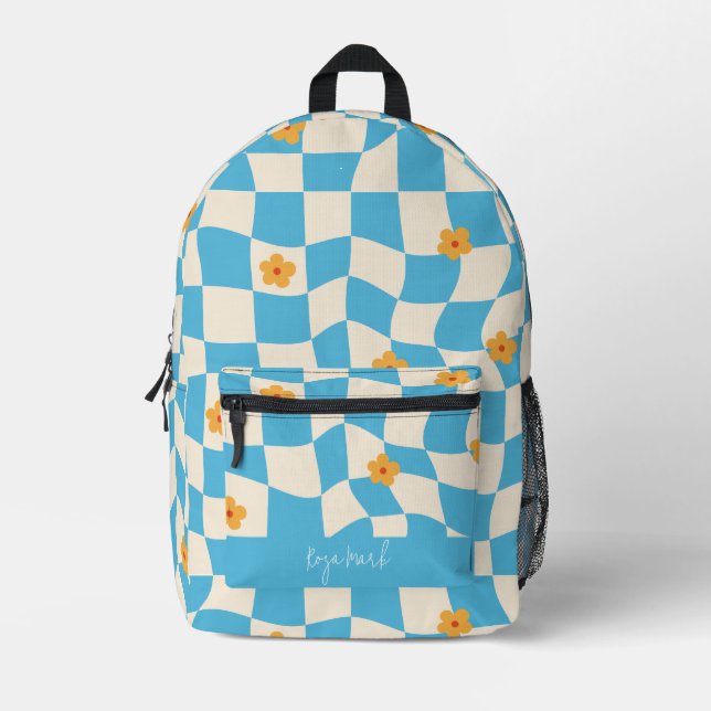 Psychedelic Groovy Floral Checkerboard Bedruckter Rucksack (Vorderseite)