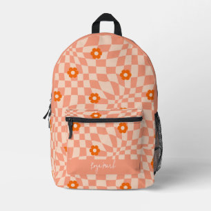 Psychedelic Groovy Floral Checkerboard, Y2K 90s Bedruckter Rucksack