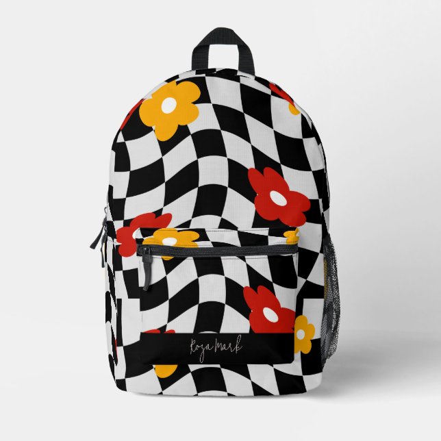 Psychedelic Groovy Floral Checkerboard, Y2K 90s Bedruckter Rucksack (Vorderseite)