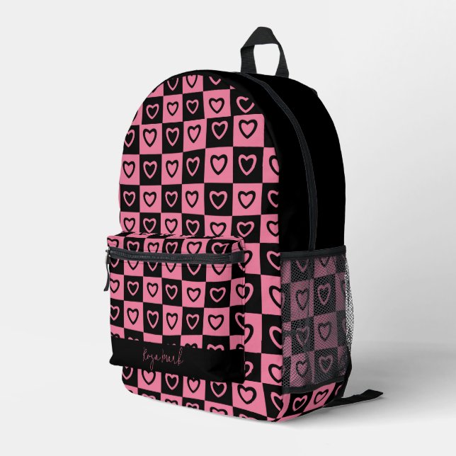 Psychedelic Groovy Heart Checkerboard, Y2K 90s Bedruckter Rucksack (Rückseitige Ecke Rechts)