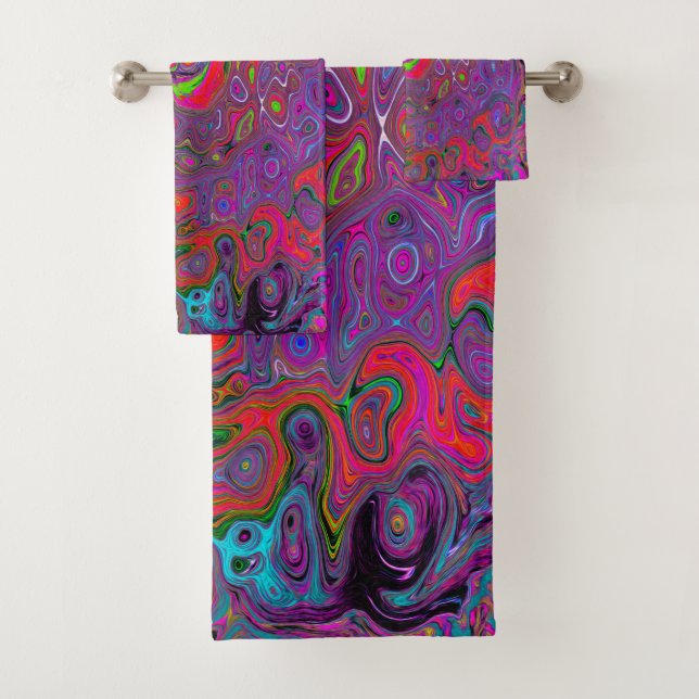 Psychedelic Groovy Magenta Retro Liquid Swirl Badhandtuch Set (Insitu)