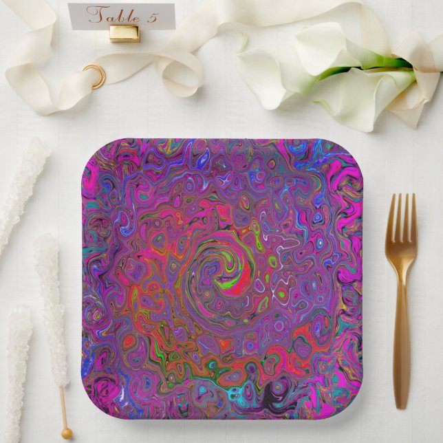Psychedelic Groovy Magenta Retro Liquid Swirl Pappteller (Hochzeit)