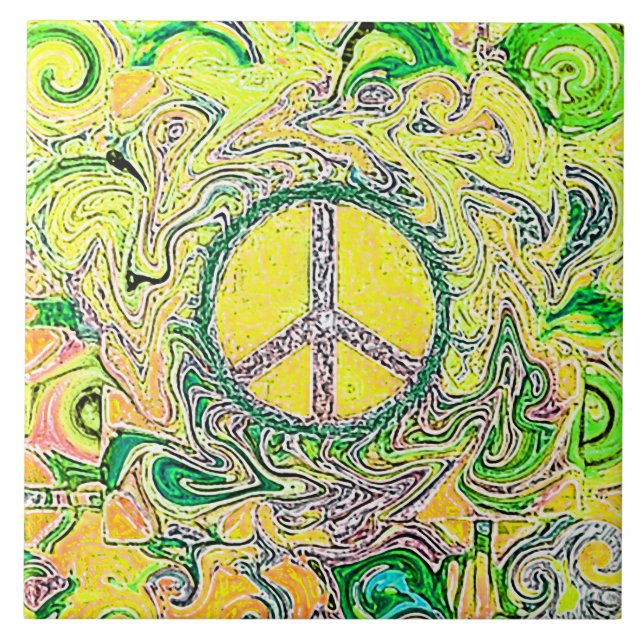 Psychedelic Groovy Trippy Fine Peace Sign Fliese (Vorderseite)