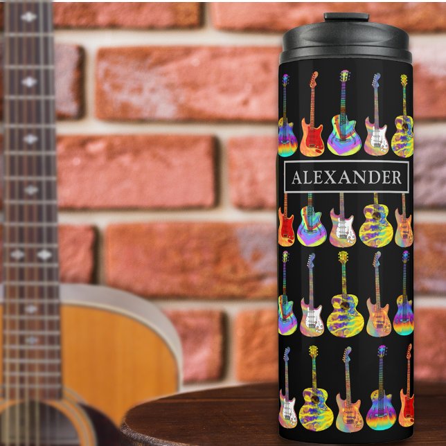 Psychedelic Guitar Pop Art Personalized Thermosbecher (Personalized psychedelic music themed gift for guitarists. Pop art electric and acoustic guitars)