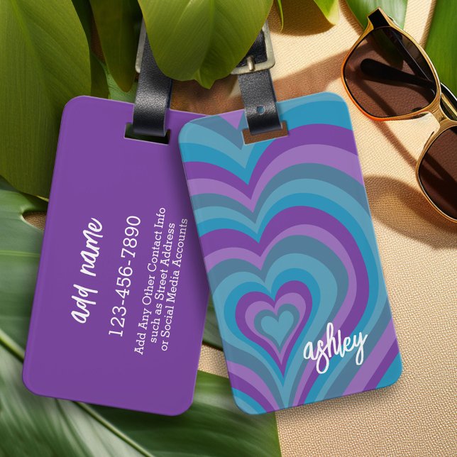 Psychedelic Hearts Calligrafy Script Name Lila Gepäckanhänger (Custom Luggage Tag - Personalized Bag Tag)
