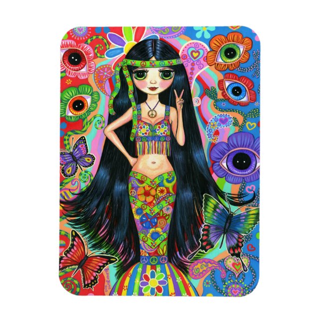 Psychedelic Hippie Girl Mermaid Peace Sign Groovy Magnet (Vertikal)