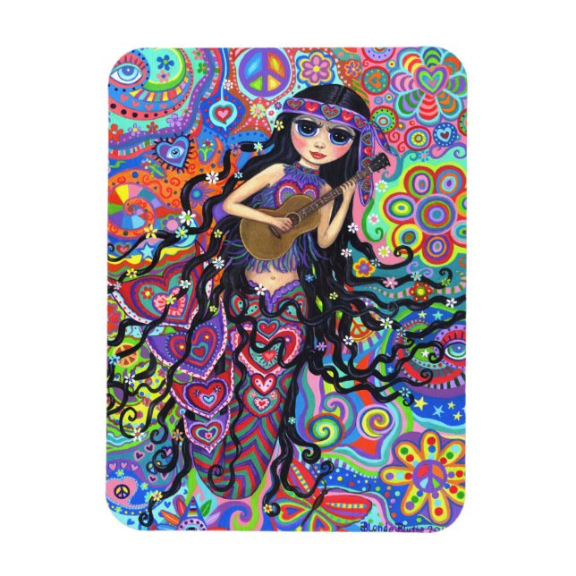 Psychedelic Hippie Mermaid Girl Playing Guitar Magnet (Vertikal)