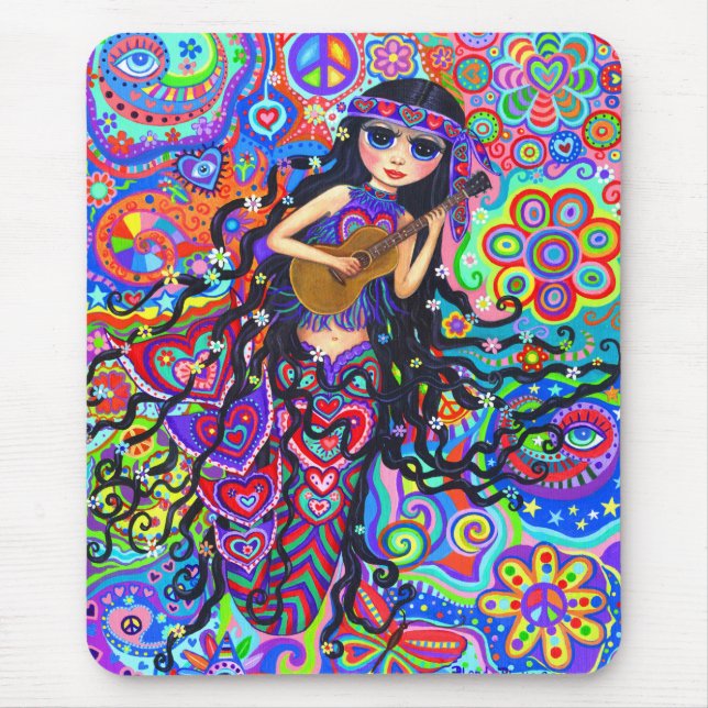 Psychedelic Hippie Mermaid Girl Playing Guitar Mousepad (Vorne)