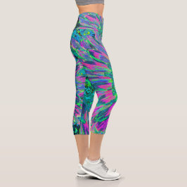 Psychedelic Magenta Aqua und Lime Green Dahlia Capri Leggings