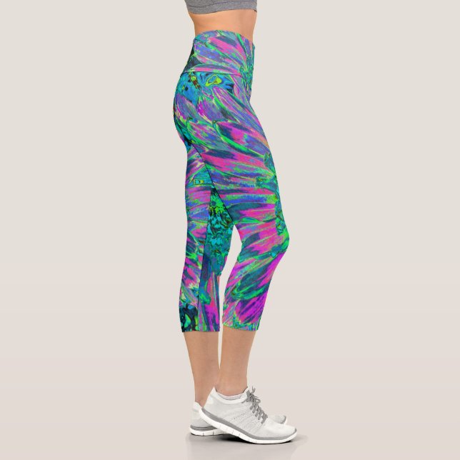 Psychedelic Magenta Aqua und Lime Green Dahlia Capri Leggings (Rechts)