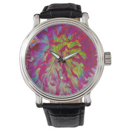 Psychedelic Magenta und Yellow Dahlia Blume Armbanduhr