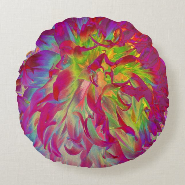 Psychedelic Magenta und Yellow Dahlia Blume Rundes Kissen (Vorderseite)