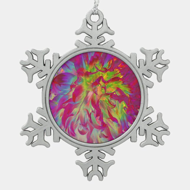Psychedelic Magenta und Yellow Dahlia Blume Schneeflocken Zinn-Ornament (Vorderseite)