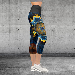 Psychedelic Mandala Blume Blau Gelb und Orange Capri Leggings