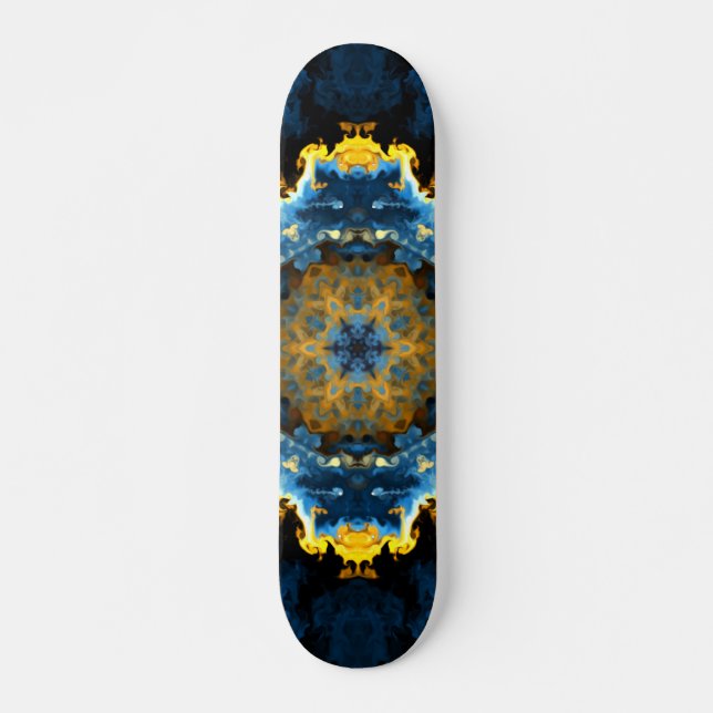 Psychedelic Mandala Blume Blau Gelb und Orange Skateboard (Vorne)