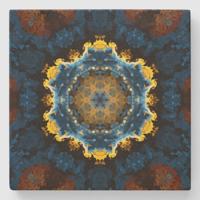 Psychedelic Mandala Blume Blau Gelb und Orange Steinuntersetzer (Vorderseite)