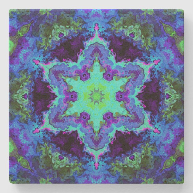 Psychedelic Mandala Blume Blau Grün und Lila Steinuntersetzer (Vorderseite)