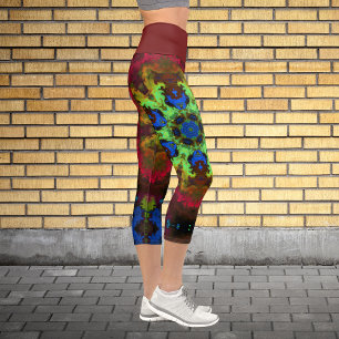 Psychedelic Mandala Blume Grün Blau und Rot Capri Leggings